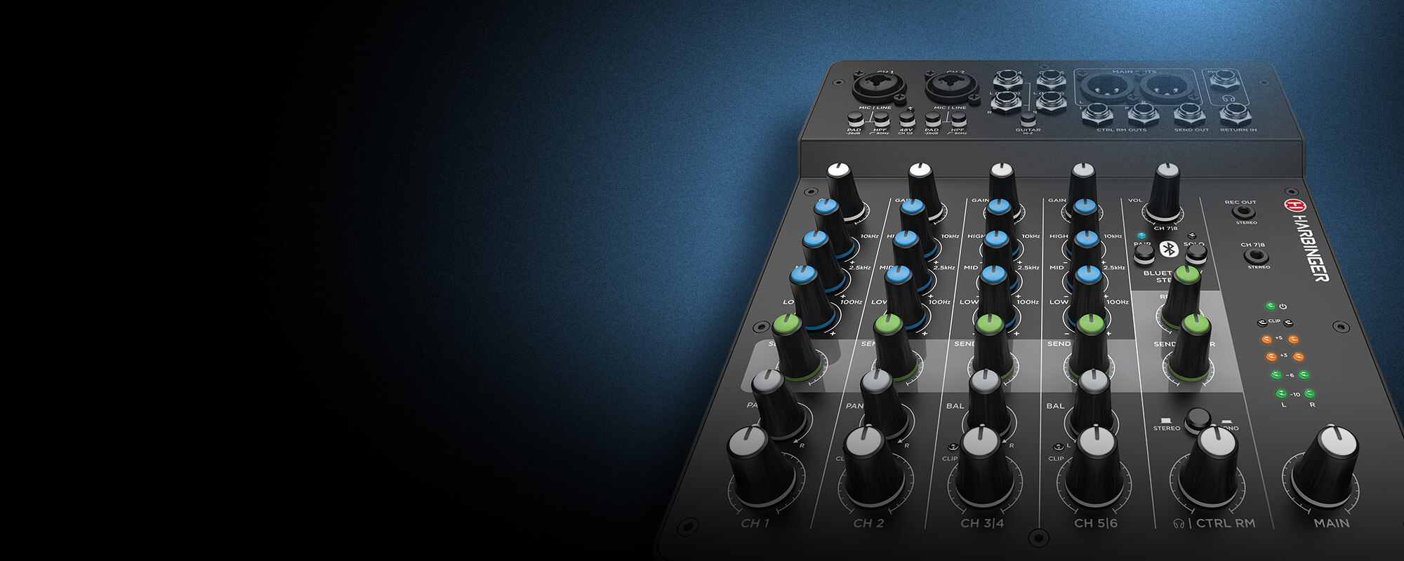 Harbinger Pro Audio LV8 Mixer Close Up front on side