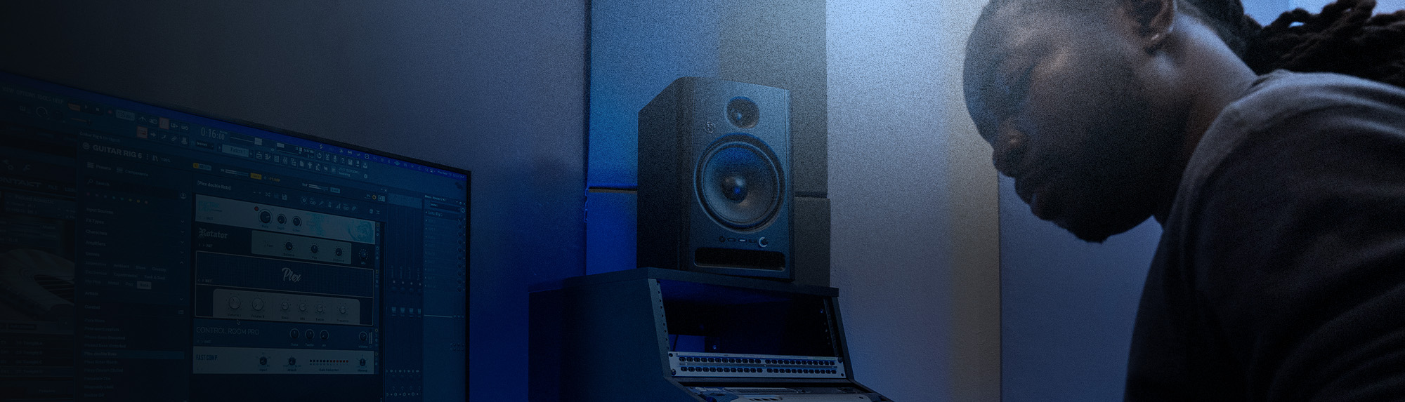 Harbinger Pro Audio SM508 Person In Studio With Two Monitors