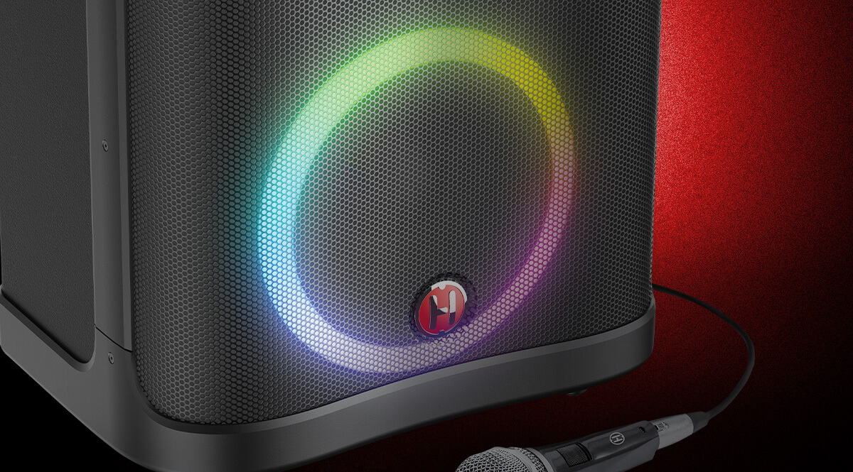 Pro Audio RT100 Battery Powered Speakers closeup with wired microphone