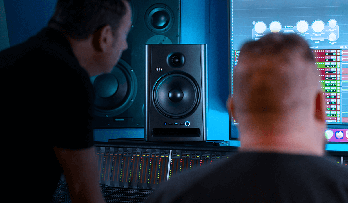 Harbinger Pro Audio Studio Monitors Two Men In Studio Mobile