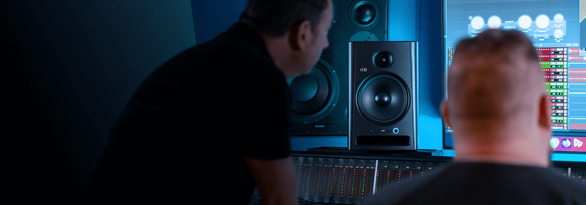 Harbinger Pro Audio Studio Monitors Two Men In Studio