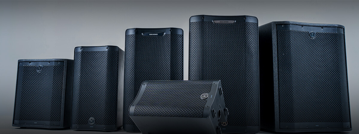 Line up of all Harbinger Pro Audio Vari speakers